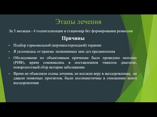 Этапы лечения За 5 месяцев - 4 госпитализации в стационар без формирования