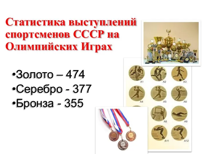 Статистика выступлений спортсменов СССР на Олимпийских Играх Золото – 474 Серебро - 377 Бронза - 355
