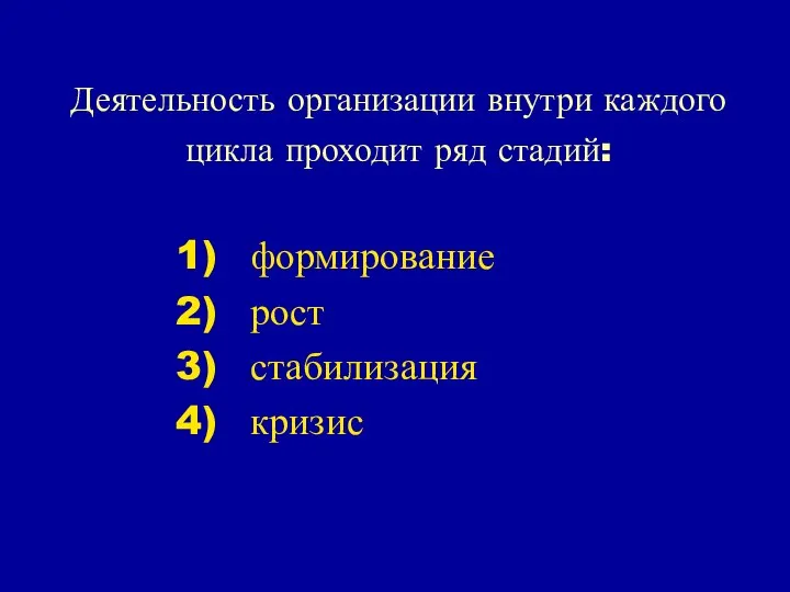 Деятельность организации внутри каждого цикла проходит ряд стадий: формирование рост стабилизация кризис