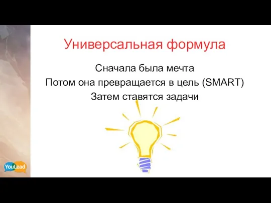 Универсальная формула Сначала была мечта Потом она превращается в цель (SMART) Затем ставятся задачи