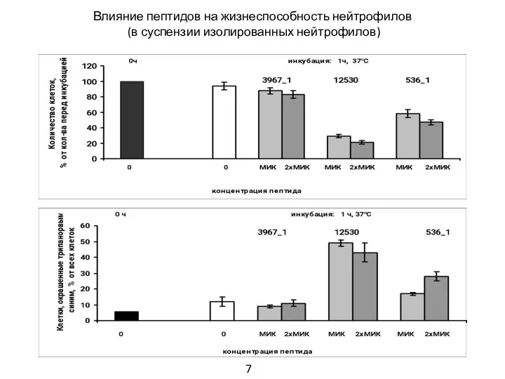 Влияние пептидов на жизнеспособность нейтрофилов (в суспензии изолированных нейтрофилов) 7