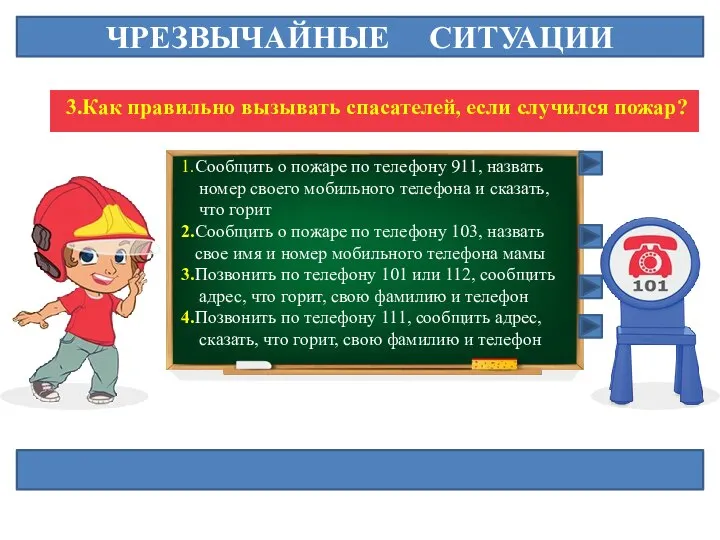 ЧРЕЗВЫЧАЙНЫЕ СИТУАЦИИ 3.Как правильно вызывать спасателей, если случился пожар? 1.Сообщить о пожаре