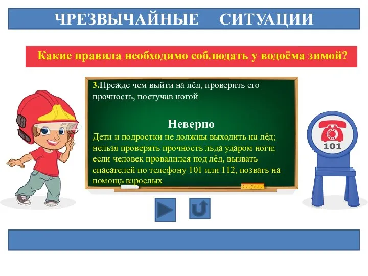 ЧРЕЗВЫЧАЙНЫЕ СИТУАЦИИ Какие правила необходимо соблюдать у водоёма зимой? 3.Прежде чем выйти