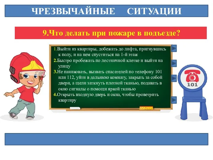 ЧРЕЗВЫЧАЙНЫЕ СИТУАЦИИ 9.Что делать при пожаре в подъезде? 1.Выйти из квартиры, добежать