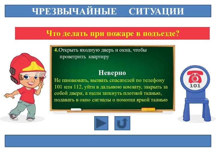 ЧРЕЗВЫЧАЙНЫЕ СИТУАЦИИ Что делать при пожаре в подъезде? 4.Открыть входную дверь и