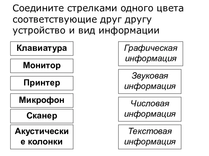 Клавиатура Монитор Принтер Микрофон Акустические колонки Сканер Графическая информация Звуковая информация Числовая