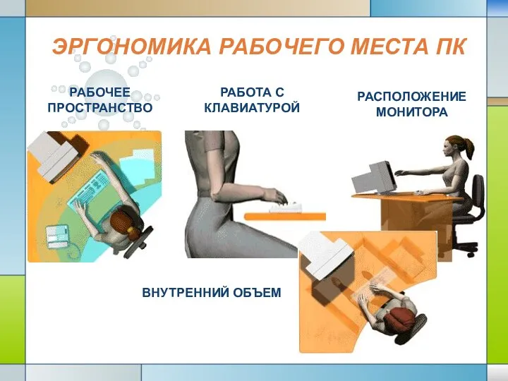 ЭРГОНОМИКА РАБОЧЕГО МЕСТА ПК РАБОЧЕЕ ПРОСТРАНСТВО РАБОТА С КЛАВИАТУРОЙ РАСПОЛОЖЕНИЕ МОНИТОРА ВНУТРЕННИЙ ОБЪЕМ