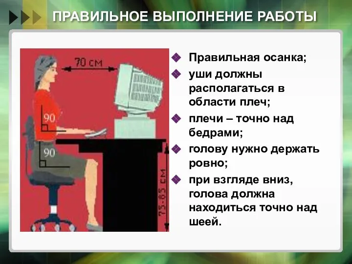 ПРАВИЛЬНОЕ ВЫПОЛНЕНИЕ РАБОТЫ Правильная осанка; уши должны располагаться в области плеч; плечи