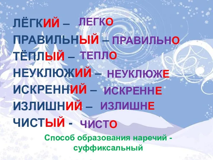 ЛЁГКИЙ – ПРАВИЛЬНЫЙ – ТЁПЛЫЙ – НЕУКЛЮЖИЙ – ИСКРЕННИЙ – ИЗЛИШНИЙ –