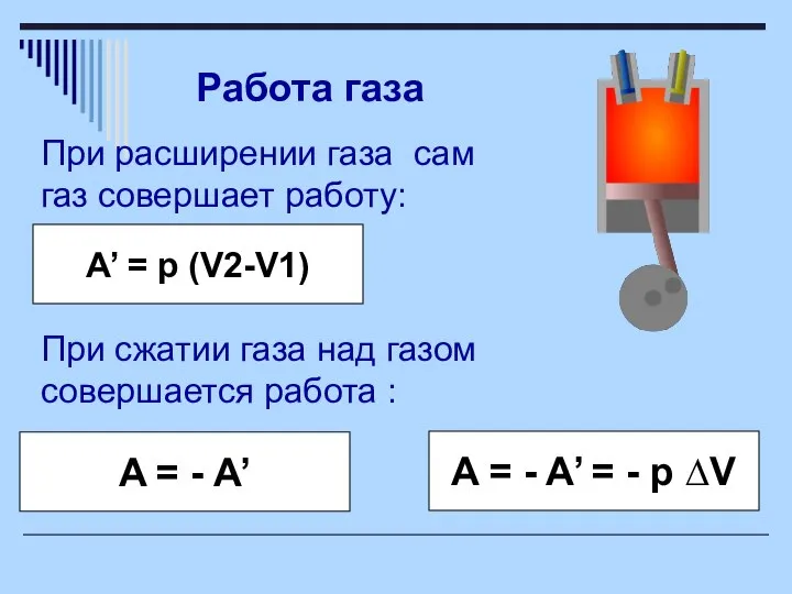 При расширении газа сам газ совершает работу: Работа газа A’ = p