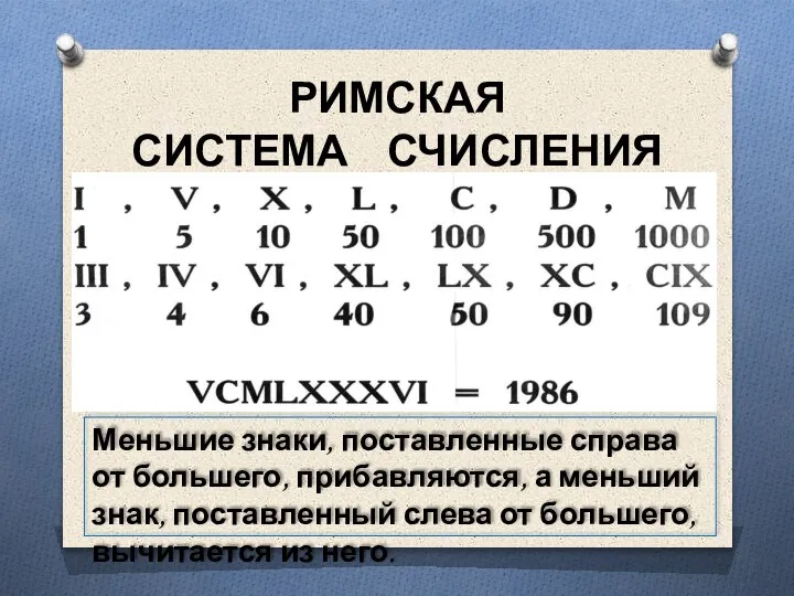 РИМСКАЯ СИСТЕМА СЧИСЛЕНИЯ Меньшие знаки, поставленные справа от большего, прибавляются, а меньший