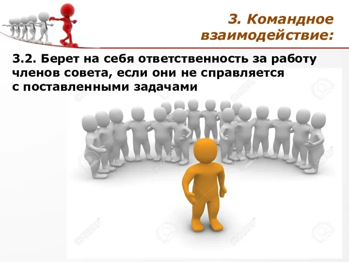 3. Командное взаимодействие: 3.2. Берет на себя ответственность за работу членов совета,