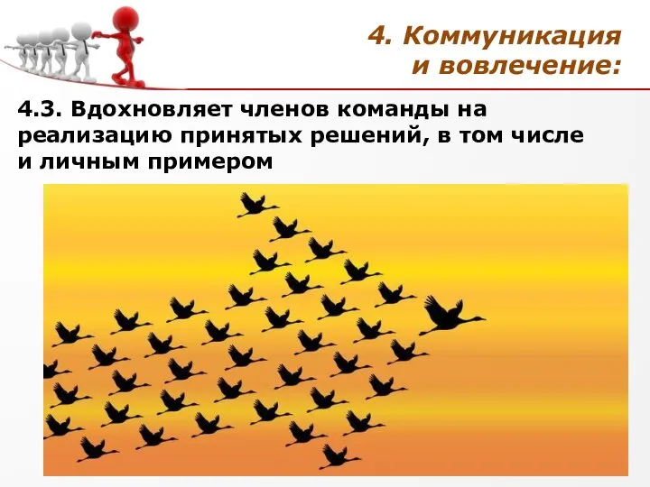 4. Коммуникация и вовлечение: 4.3. Вдохновляет членов команды на реализацию принятых решений,