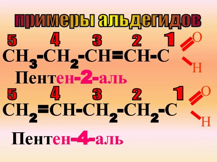 примеры альдегидов СН3-СН2-СН=СН-С 5 4 3 2 1 Пентен-2-аль О Н СН2=СН-СН2-СН2-С