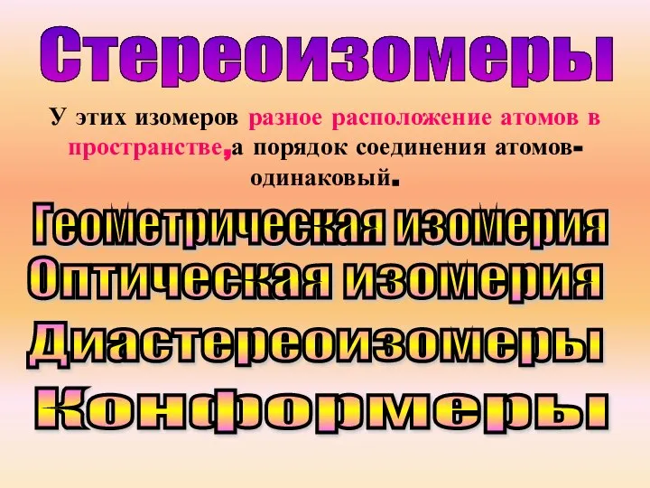 Стереоизомеры У этих изомеров разное расположение атомов в пространстве,а порядок соединения атомов-