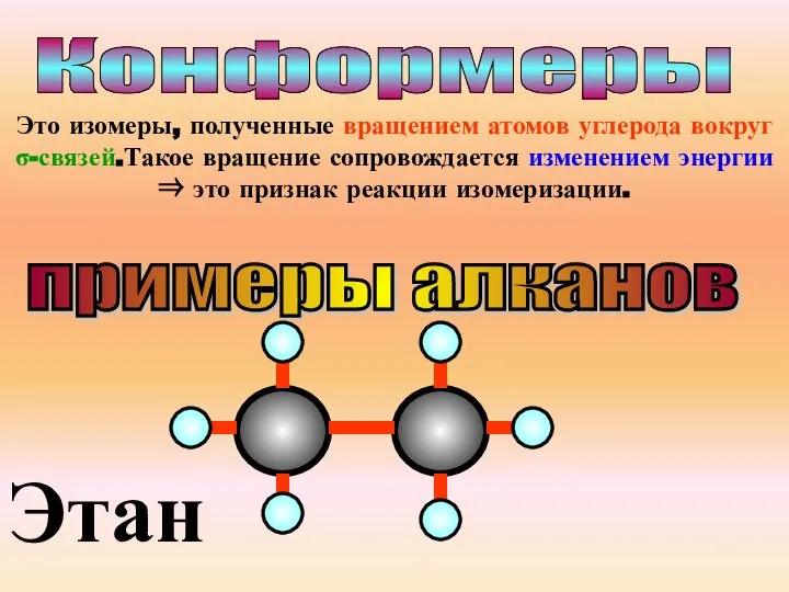 Конформеры Это изомеры, полученные вращением атомов углерода вокруг σ-связей.Такое вращение сопровождается изменением