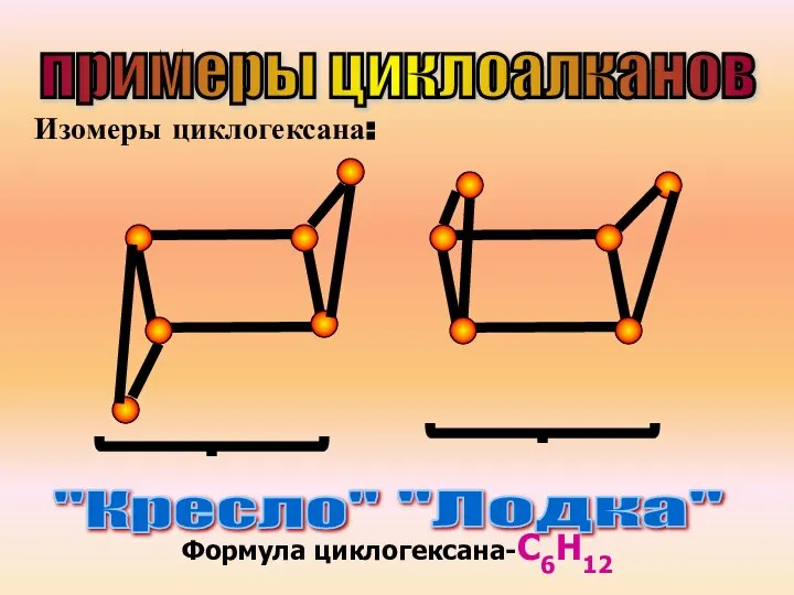 Изомеры циклогексана: "Кресло" "Лодка" Формула циклогексана-С6Н12 примеры циклоалканов