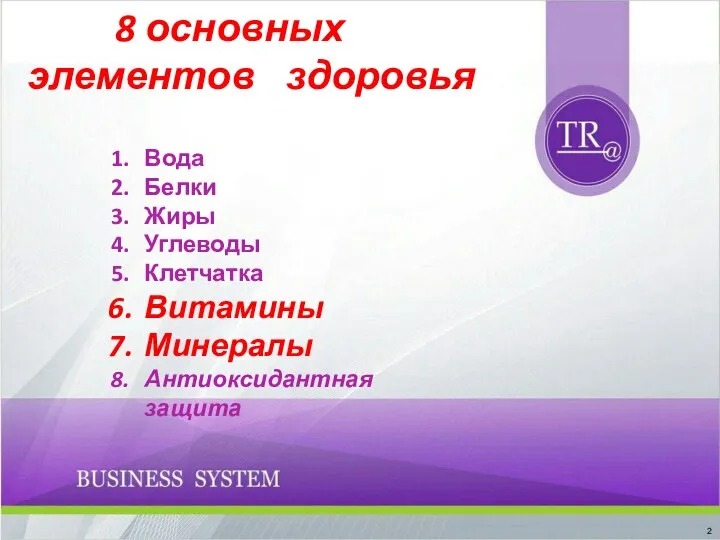 8 основных элементов здоровья Вода Белки Жиры Углеводы Клетчатка Витамины Минералы Антиоксидантная защита 2