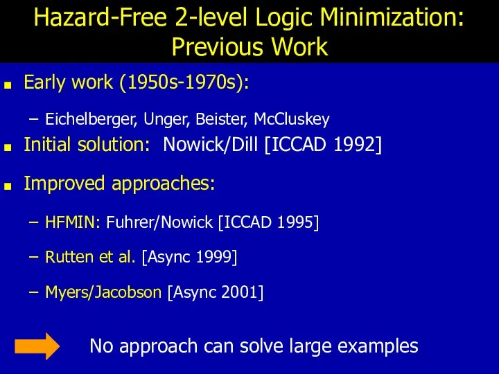Hazard-Free 2-level Logic Minimization: Previous Work Early work (1950s-1970s): Eichelberger, Unger, Beister,