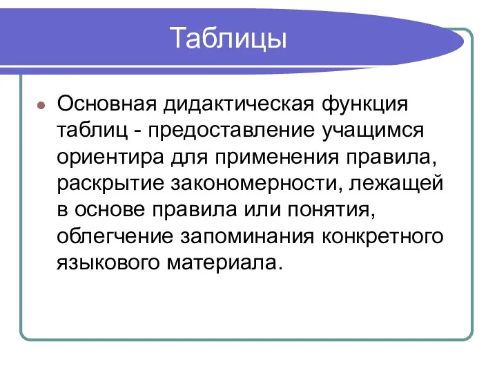 Таблицы Основная дидактическая функция таблиц - предоставление учащимся ориентира для применения правила,