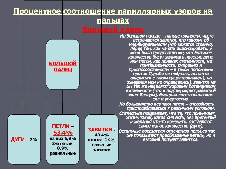 Процентное соотношение папиллярных узоров на пальцах Большой палец На большом пальце –