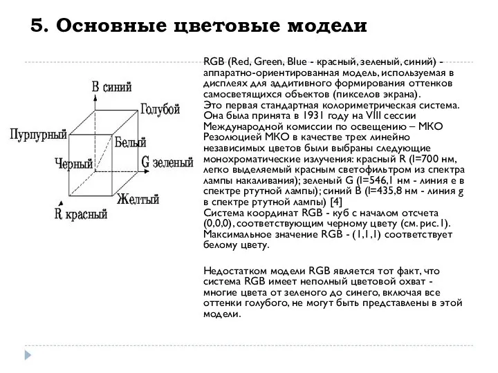 5. Основные цветовые модели RGB (Red, Green, Blue - красный, зеленый, синий)