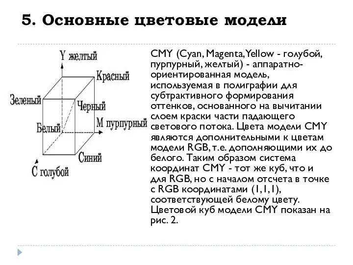 5. Основные цветовые модели CMY (Cyan, Magenta, Yellow - голубой, пурпурный, желтый)