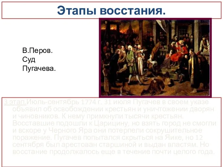 Этапы восстания. 3 этап.Июль-сентябрь 1774 г. 31 июля Пугачев в своем указе