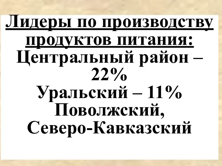 Лидеры по производству продуктов питания: Центральный район – 22% Уральский – 11% Поволжский, Северо-Кавказский