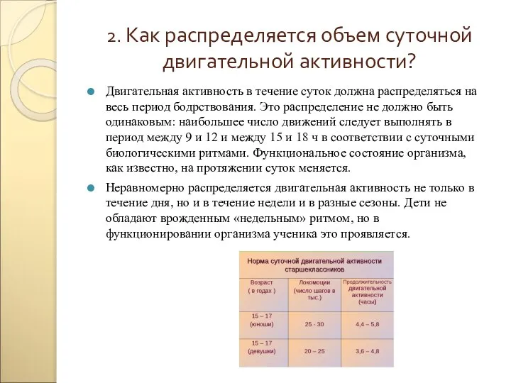 2. Как распределяется объем суточной двигательной активности? Двигательная активность в течение суток