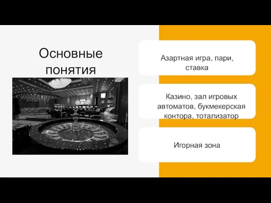 Основные понятия Азартная игра, пари, ставка Казино, зал игровых автоматов, букмекерская контора, тотализатор Игорная зона