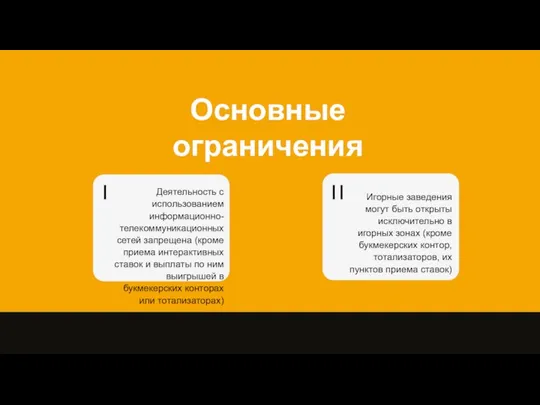 Основные ограничения Деятельность с использованием информационно-телекоммуникационных сетей запрещена (кроме приема интерактивных ставок