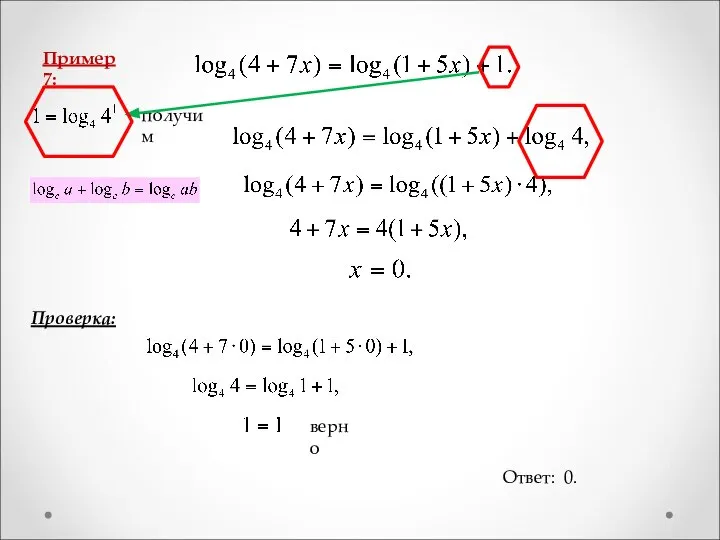 Пример 7: получим Проверка: Ответ: 0. верно