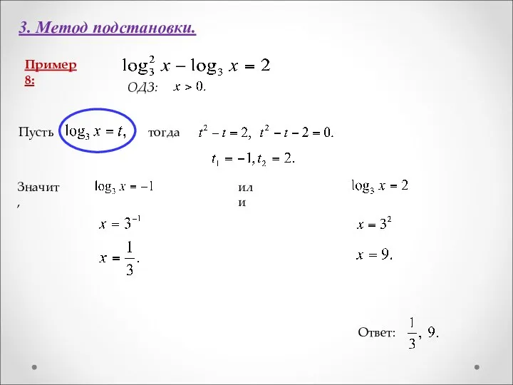 3. Метод подстановки. Пример 8: Ответ: ОДЗ: Пусть тогда Значит, или