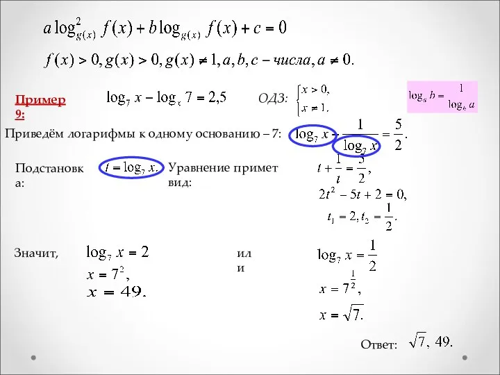 Пример 9: Ответ: ОДЗ: Приведём логарифмы к одному основанию – 7: Подстановка: