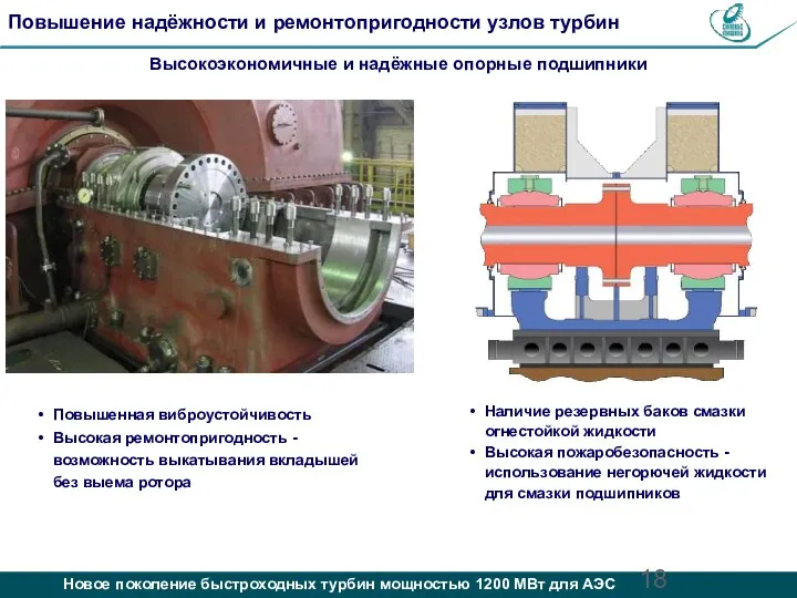 Повышение надёжности и ремонтопригодности узлов турбин Наличие резервных баков смазки огнестойкой жидкости