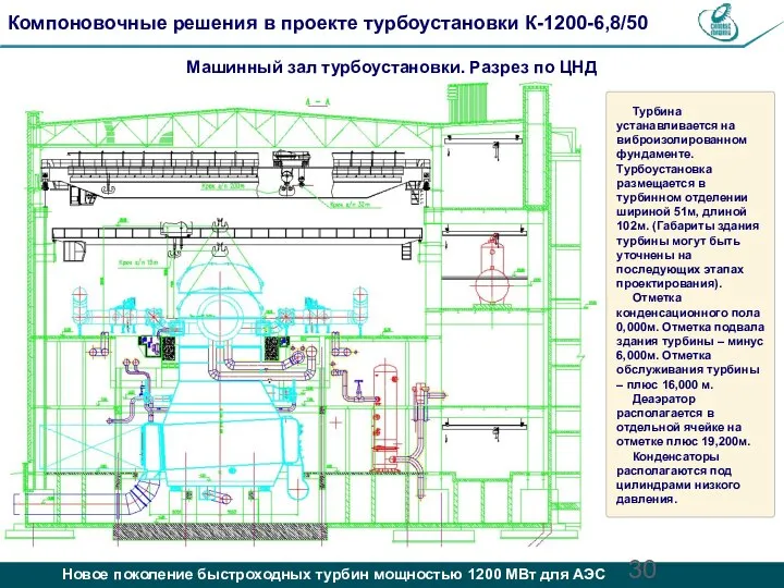 Компоновочные решения в проекте турбоустановки К-1200-6,8/50 Турбина устанавливается на виброизолированном фундаменте. Турбоустановка