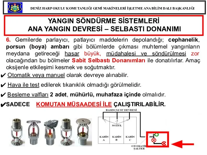 YANGIN SÖNDÜRME SİSTEMLERİ ANA YANGIN DEVRESİ – SELBASTI DONANIMI 6. Gemilerde parlayıcı,