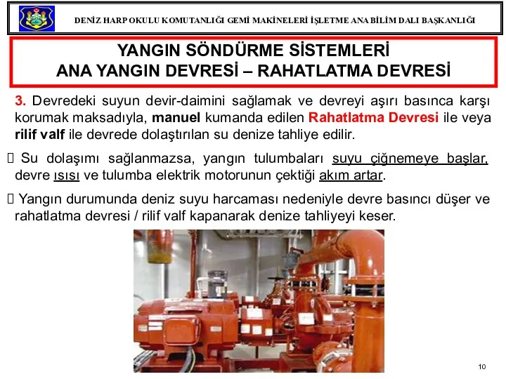 YANGIN SÖNDÜRME SİSTEMLERİ ANA YANGIN DEVRESİ – RAHATLATMA DEVRESİ 3. Devredeki suyun