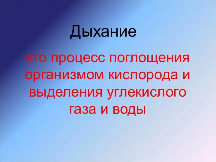 Дыхание это процесс поглощения организмом кислорода и выделения углекислого газа и воды