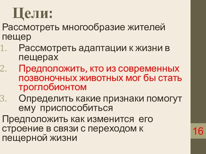 Цели: Рассмотреть многообразие жителей пещер Рассмотреть адаптации к жизни в пещерах Предположить,