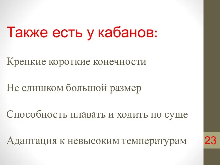 Также есть у кабанов: Крепкие короткие конечности Не слишком большой размер Способность