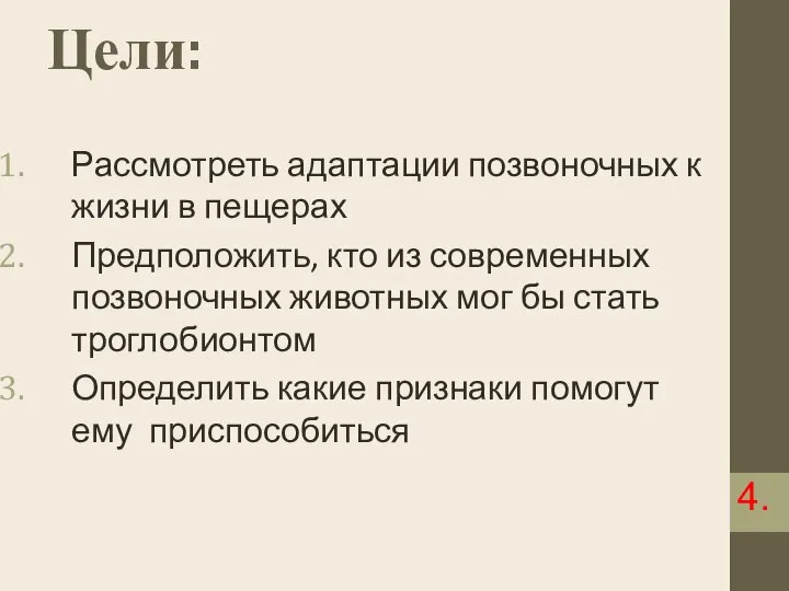 Цели: Рассмотреть адаптации позвоночных к жизни в пещерах Предположить, кто из современных