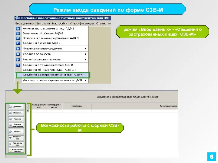 Режим ввода сведений по форме СЗВ-М режим «Ввод данных» - «Сведения о застрахованных лицах: СЗВ-М» 6