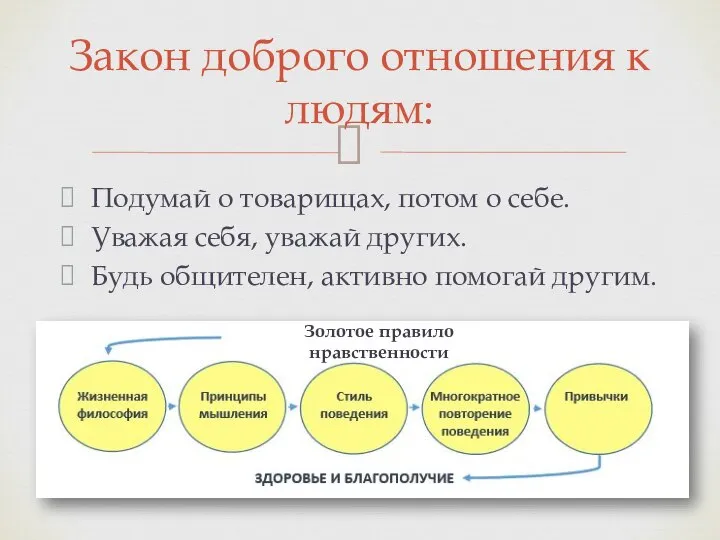 Подумай о товарищах, потом о себе. Уважая себя, уважай других. Будь общителен,