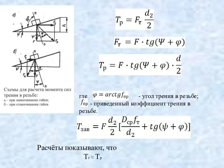 где - угол трения в резьбе; - приведенный коэффициент трения в резьбе.