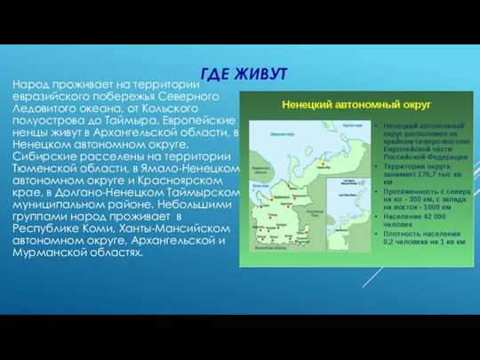 ГДЕ ЖИВУТ Народ проживает на территории евразийского побережья Северного Ледовитого океана, от