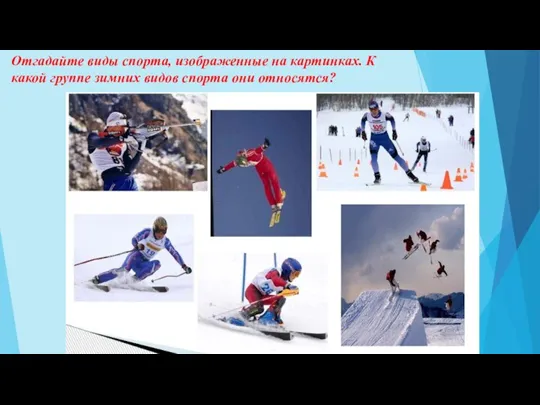 Отгадайте виды спорта, изображенные на картинках. К какой группе зимних видов спорта они относятся?