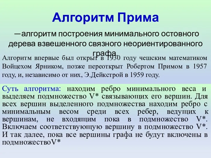 Алгоритм Прима —алгоритм построения минимального остовного дерева взвешенного связного неориентированного графа. Алгоритм