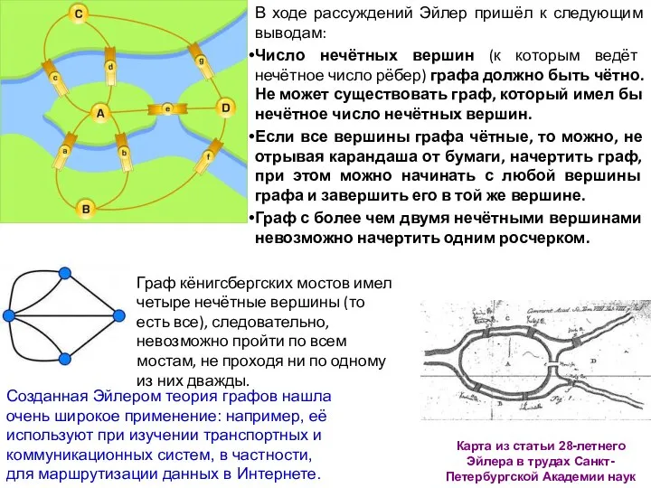 В ходе рассуждений Эйлер пришёл к следующим выводам: Число нечётных вершин (к
